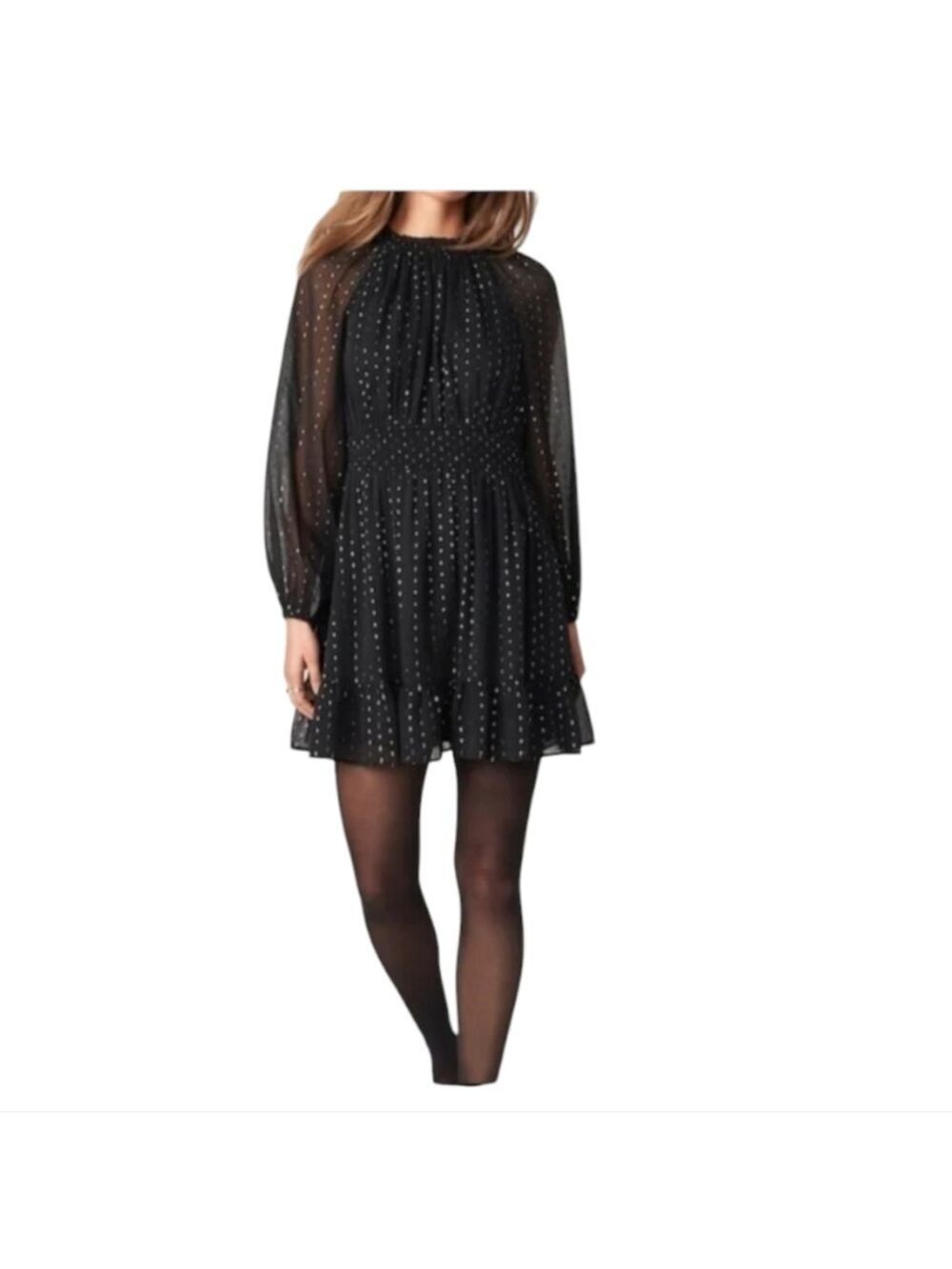 Old Navy XXL LS Sheer Black w/Silver Midi Dress Boho Tiered Tie Front Pockets